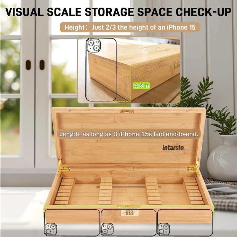 Intarsio Upgraded Lockable Large Bamboo Knife Storage Box with Magnetic Removable Knife Blocks for Easy, Quick and Safe Culinary Tools Storage, Keyless Kitchen Combination Lock Box, Great Kitchen Gifts - Image 4